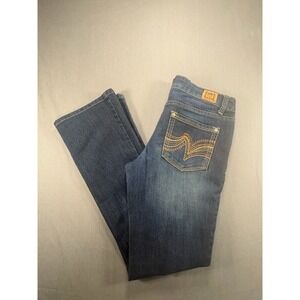 LEI Ashley Lowrise Slim Boot Jeans Juniors 5 Short Dark Wash Embroidered Pockets